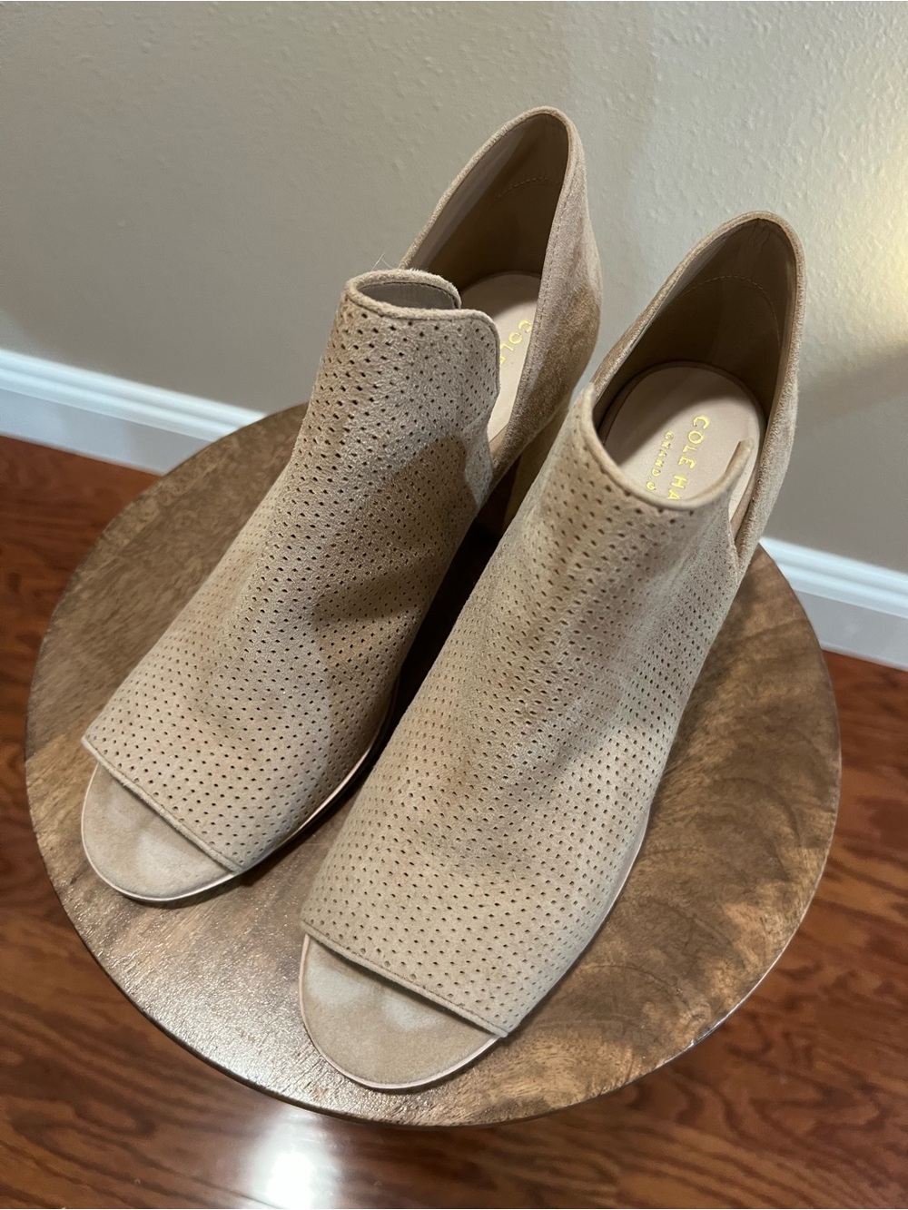 Cole Haan Beige Suede Perforated Peep-Toe Mules